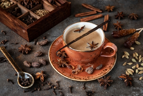 Traditional,Indian,Masala,Chai,Tea,With,Ingredients,Above.,Cinnamon,,Cardamom,