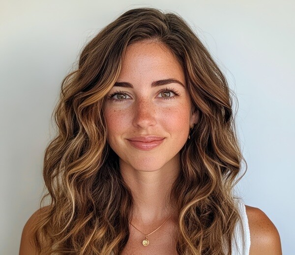 Portrait of a young woman with long, wavy brown hair and freckles, wearing a white top.